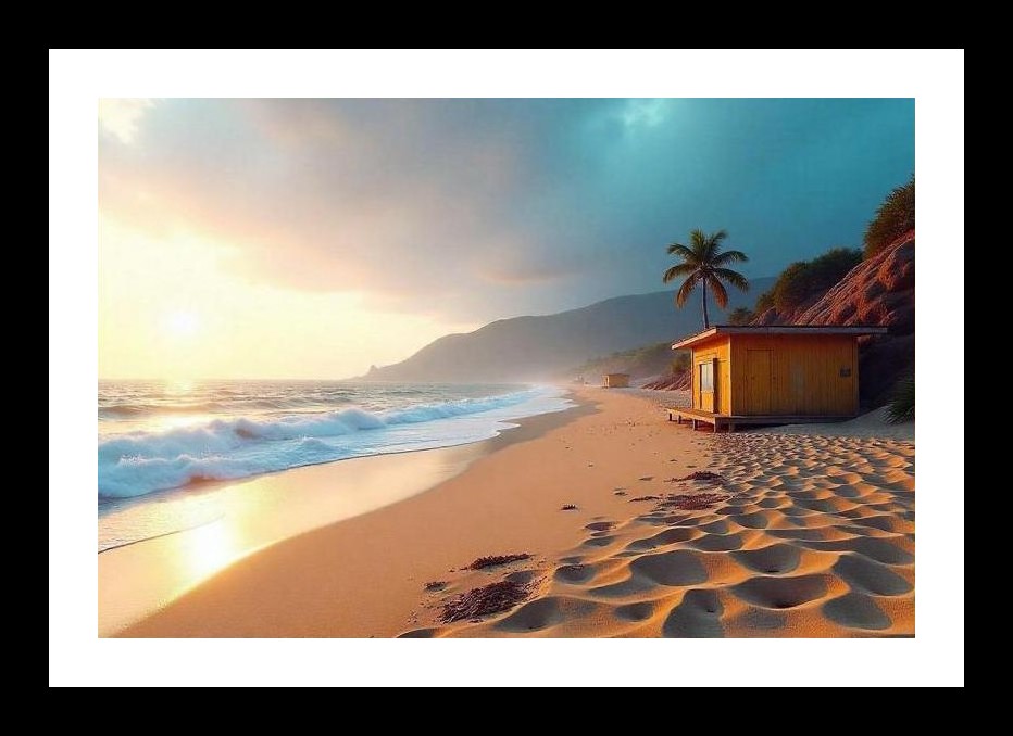 Tropical Sunset Beach Paradise - Golden Hues, Lone Palm. Wall Art, Interior Accents, Framing Solutions, Residential/Commercial Decor, Premium Gifts | Size: 8 x 12 inches