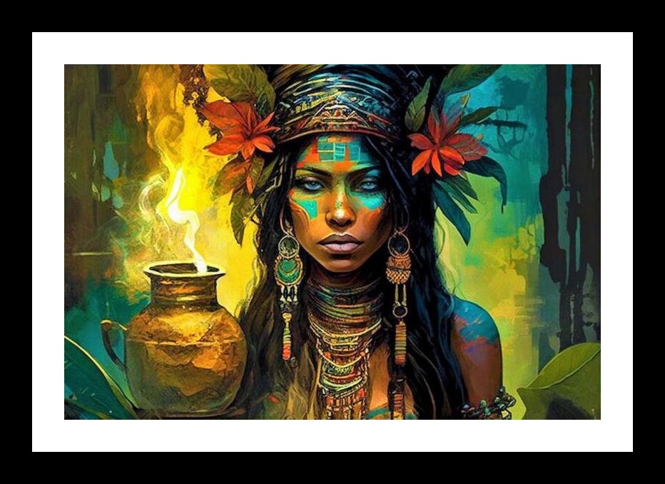 Mystic Indigenous Portrait - Vibrant Tribal Art & Glowing Vessel Wall Art, Interior Accents, Framing Solutions, Residential/Commercial Decor, Premium Gifts | Size: 8 x 12 inches