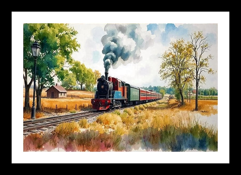 Watercolor Locomotive Portrait - Green Field Scenery. Photo Frame With Photo, Wall Hanging Art, Wall Decor, Home Decor, Picture Frame | Size: 8 x 12 inches