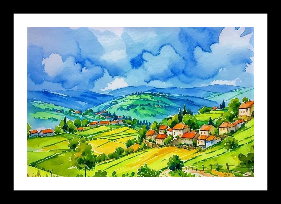 Watercolor Village Vista: Rolling Hills Portrait Wall Art, Interior Accents, Framing Solutions, Residential/Commercial Decor, Premium Gifts | Size: 8 x 12 inches