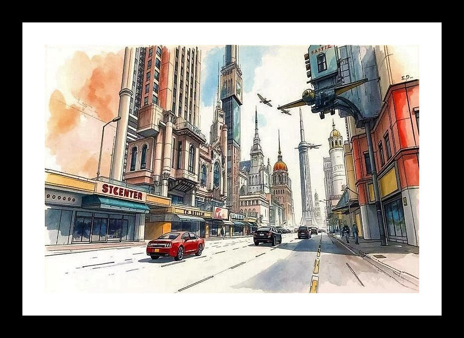 Cyberpunk Cityscape Portrait - Architectural Charm. Wall Art, Interior Accents, Framing Solutions, Residential/Commercial Decor, Premium Gifts | Size: 8 x 12 inches