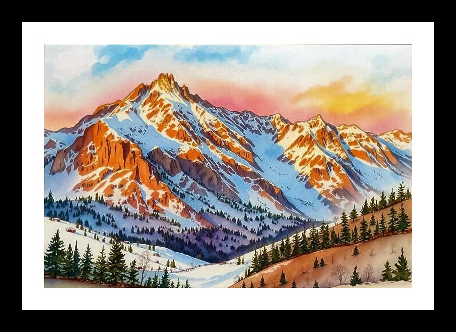 Golden Hour Majesty: Snow Peaks Ablaze. Wall Art, Interior Accents, Framing Solutions, Residential/Commercial Decor, Premium Gifts | Size: 8 x 12 inches