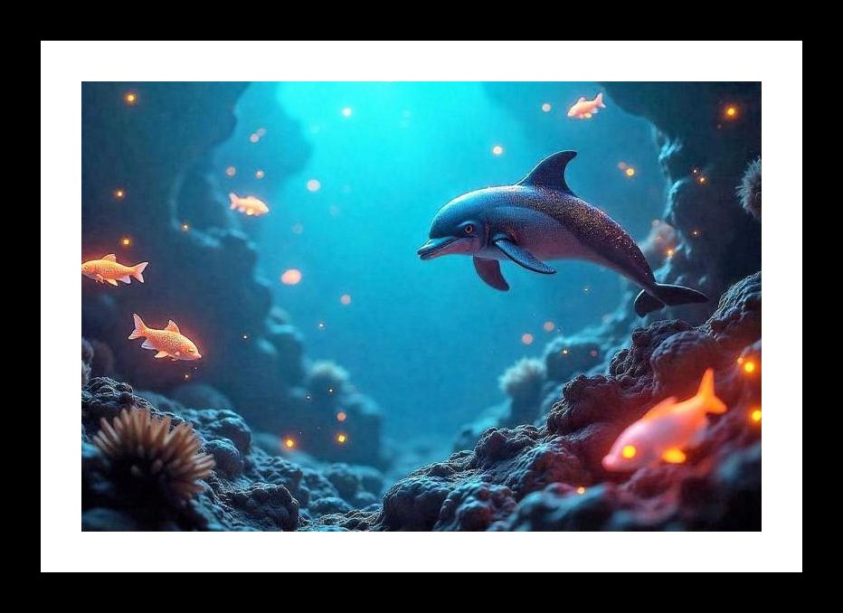 Dolphin's Dance: Glowing Underwater Paradise. Wall Art, Interior Accents, Framing Solutions, Residential/Commercial Decor, Premium Gifts | Size: 8 x 12 inches