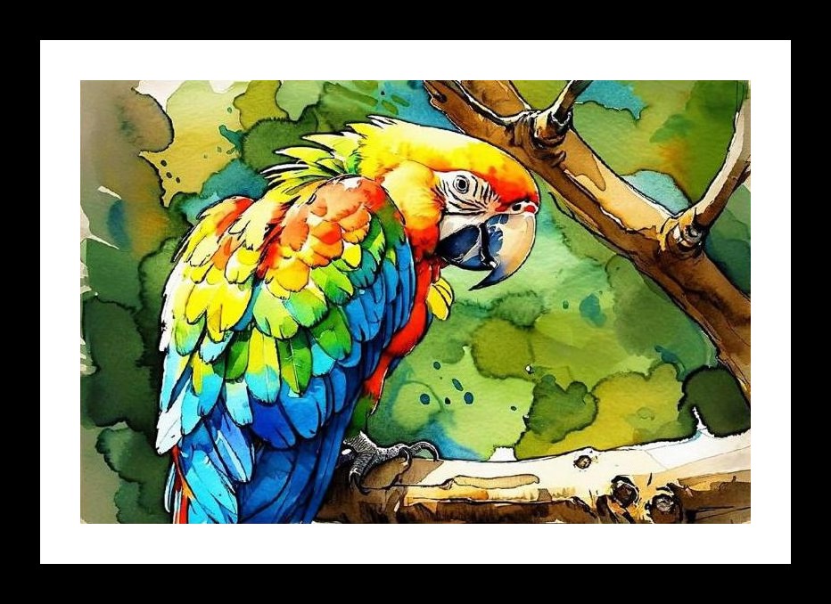 Scarlet Macaw Watercolor Portrait - Vibrant Bird Art on Branch. Wall Art, Interior Accents, Framing Solutions, Residential/Commercial Decor, Premium Gifts | Size: 8 x 12 inches