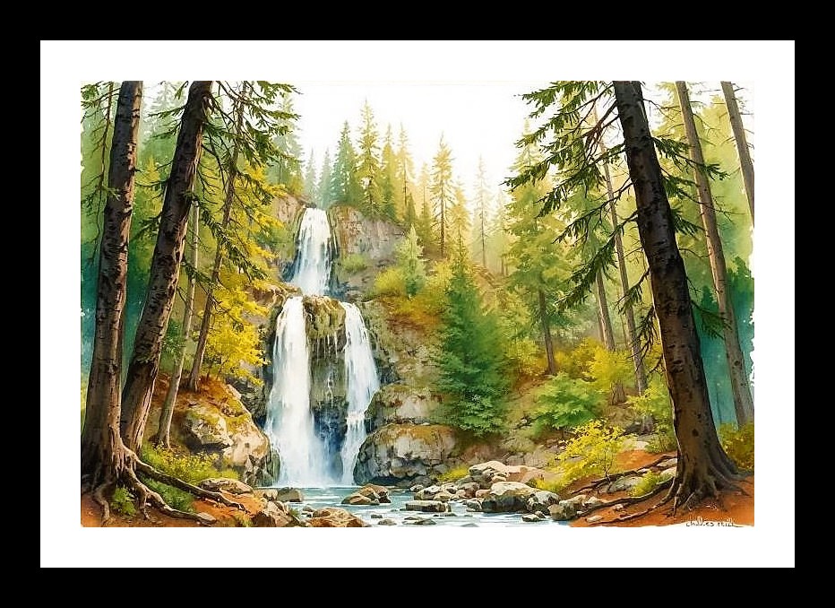 Serene Waterfall Forest Portrait - Tranquil Cascade Scene Wall Art, Interior Accents, Framing Solutions, Residential/Commercial Decor, Premium Gifts | Size: 8 x 12 inches