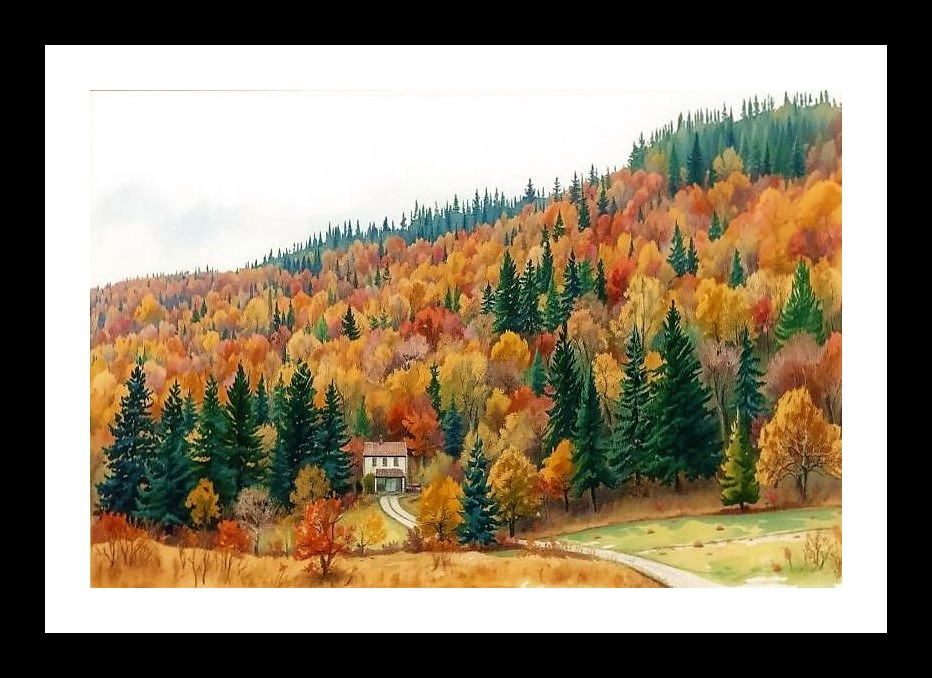 Autumn Hillside Home Portrait - Cozy Wall Art Interior Accents Framing Solutions Residential/Commercial Decor Premium Gifts | Size: 8 x 12 inches