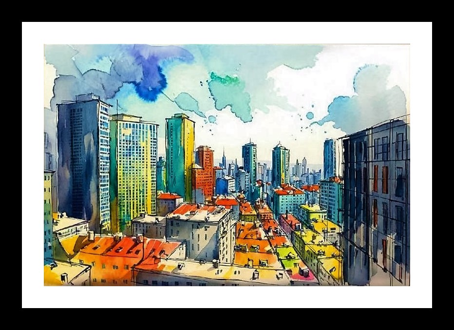 Watercolor Cityscape Portrait: Vibrant Metropolis Art. Wall Art, Interior Accents, Framing Solutions, Residential/Commercial Decor, Premium Gifts | Size: 8 x 12 inches