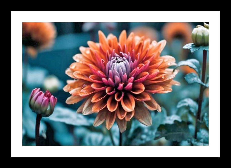 Rain-Kissed Dahlia: Orange & Purple Bloom Wall Art, Interior Accents, Framing Solutions, Residential/Commercial Decor, Premium Gifts | Size: 8 x 12 inches