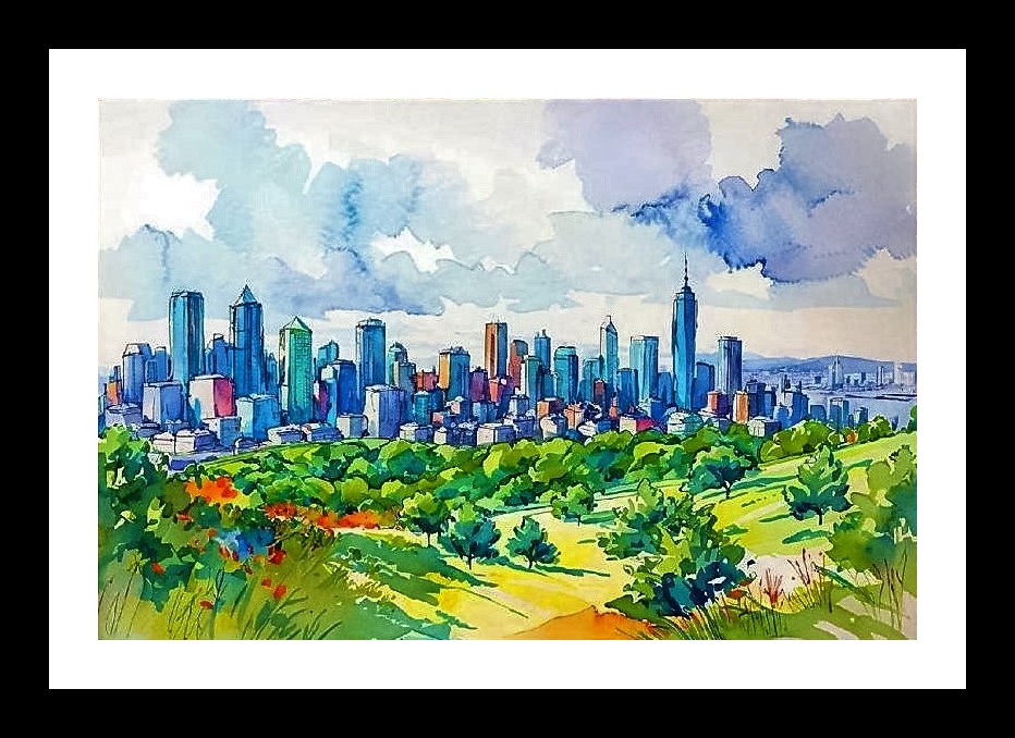 Watercolor Cityscape: Distant Skyline, Lush Green Trees - A Stunning View Wall Art, Interior Accents, Framing Solutions, Residential/Commercial Decor, Premium Gifts | Size: 8 x 12 inches