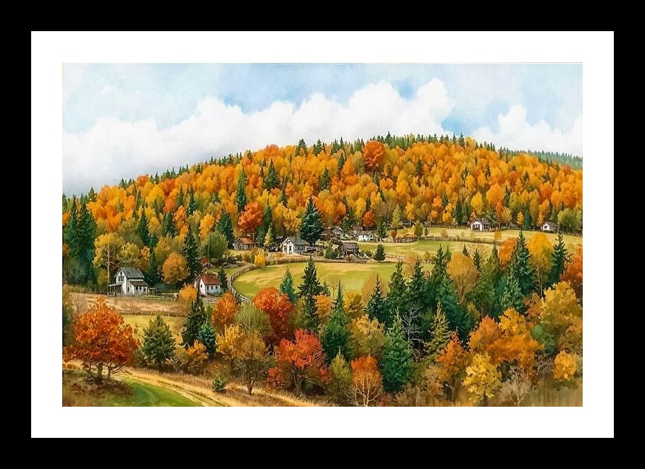 Autumn Village Portrait: Autumn paints a picturesque landscape. Wall Art, Interior Accents, Framing Solutions, Residential/Commercial Decor, Premium Gifts | Size: 8 x 12 inches
