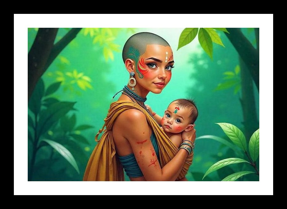 Tribal Mother & Child Portrait - Lush Foliage Art Wall Art, Interior Accents, Framing Solutions, Residential/Commercial Decor, Premium Gifts | Size: 8 x 12 inches