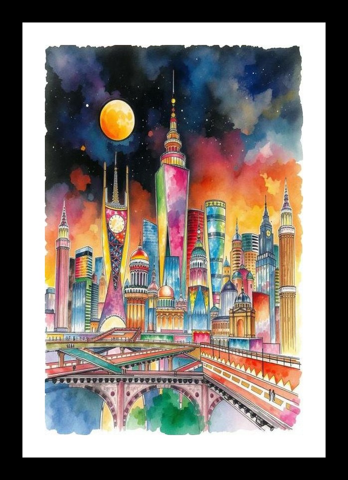 Vibrant Watercolor Cityscape: A Modern Skyline Portrait Photo Frame With Photo, Wall Hanging Art, Wall Decor, Home Decor, Picture Frame | Size: 8 x 12 inches
