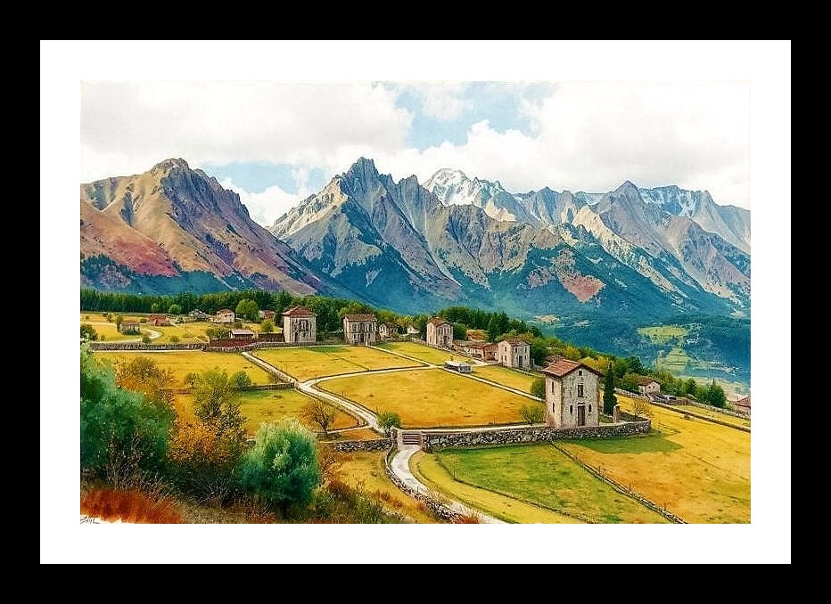 Serene Valley Village: Breathtaking Mountain Landscape Portrait. Wall Art, Interior Accents, Framing Solutions, Residential/Commercial Decor, Premium Gifts | Size: 8 x 12 inches