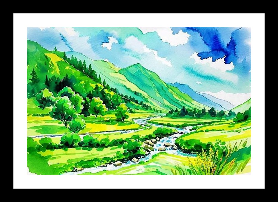 Serene Stream Valley Watercolor Portrait Wall Art, Interior Accents, Framing Solutions, Residential/Commercial Decor, Premium Gifts | Size: 8 x 12 inches
