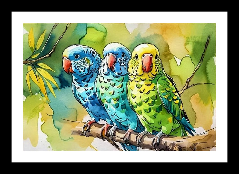 Parrot Paradise: Vibrant Avian Trio on Branch, a Colorful Portrait. Wall Art, Interior Accents, Framing Solutions, Residential/Commercial Decor, Premium Gifts | Size: 8 x 12 inches