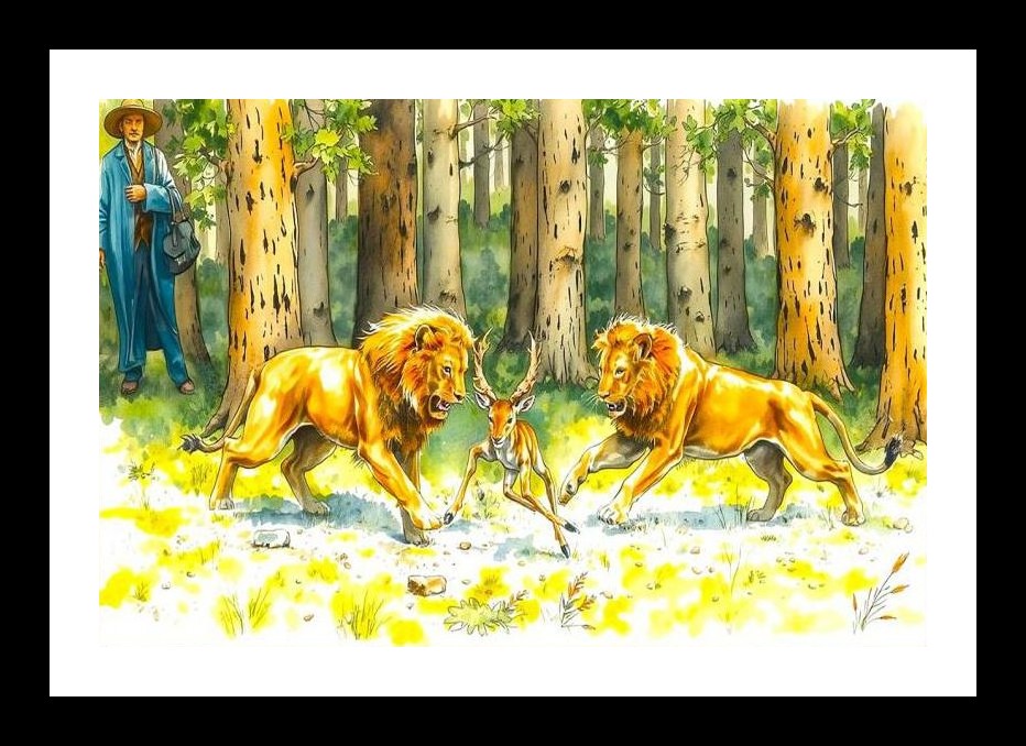 Sun-Dappled Hunt: Lions Stalk Deer, Watched Afar. Wall Art, Interior Accents, Framing Solutions, Residential/Commercial Decor, Premium Gifts | Size: 8 x 12 inches