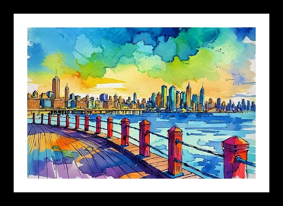 Sunset Boardwalk Watercolor Cityscape - Vibrant Urban Art Wall Art, Interior Accents, Framing Solutions, Residential/Commercial Decor, Premium Gifts | Size: 8 x 12 inches