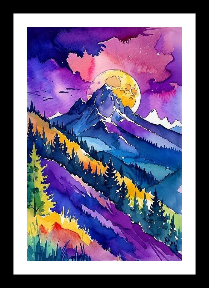 Moonlit Mountains, Serene peaks meet the moon's glow, painted in dreamy watercolor hues. Wall Art, Residential/Commercial Decor, Premium Gifts | Size: 8 x 12 inches
