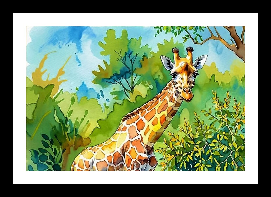 Watercolor Giraffe Portrait in African Foliage Frame Photo Frame With Photo, Wall Hanging Art, Wall Decor, Home Decor, Picture Frame | Size: 8 x 12 inches